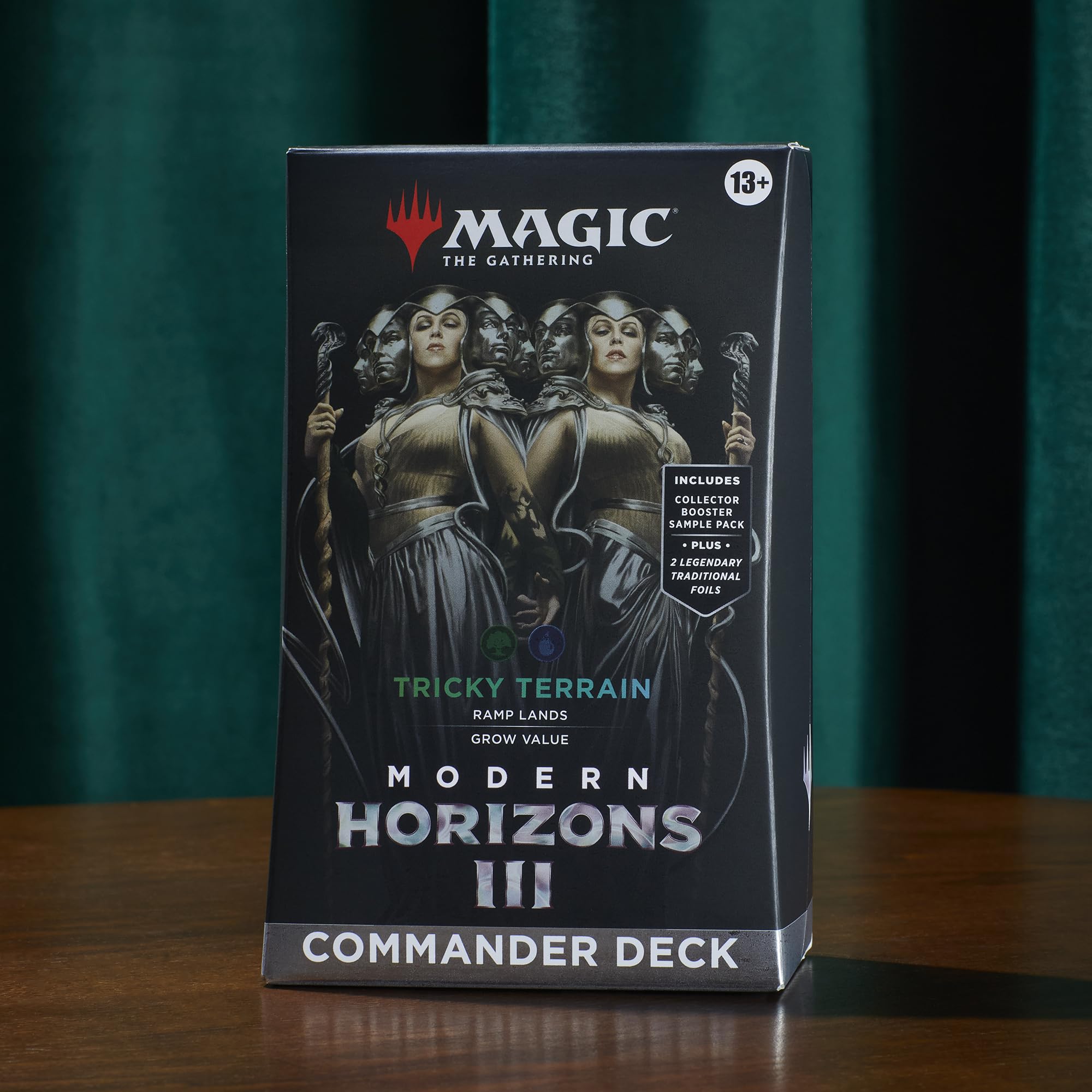 Magic: The Gathering Tricky Terrain collector booster sample shows rare and foil cards.