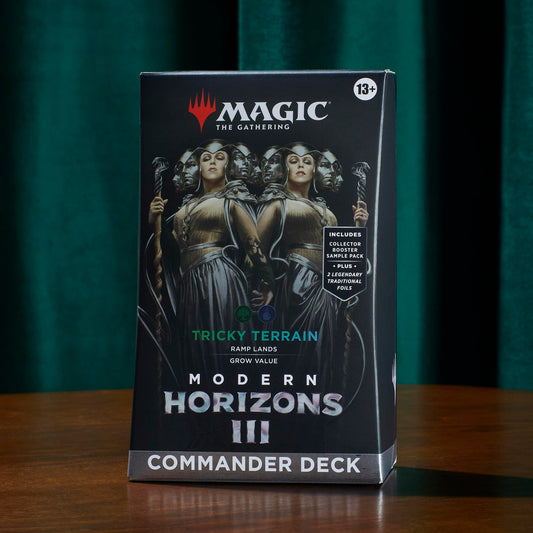 Magic: The Gathering Tricky Terrain collector booster sample shows rare and foil cards.