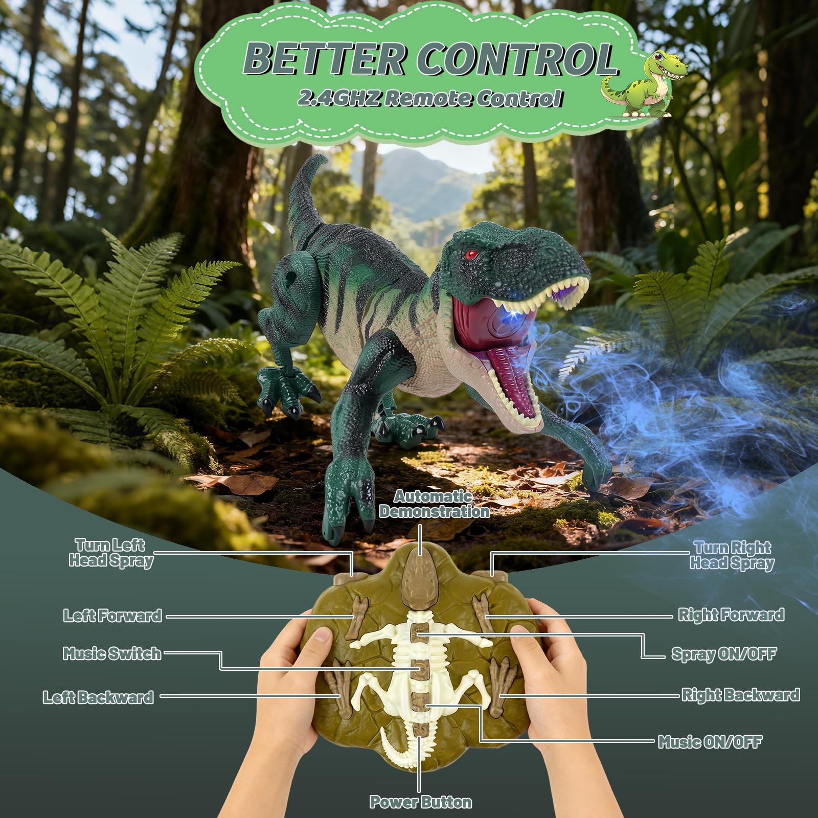 MagicKidz RC dinosaur sprays mist to create exciting scene effects.