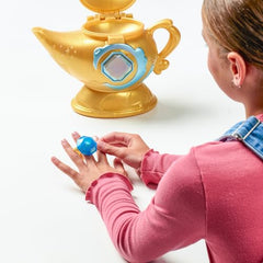 Magic Mixies blue genie emerging from lamp amid shimmering mist.