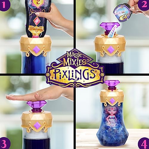 Magic Mixies potion ingredients swirl into a deep blue elixir inside the bottle.