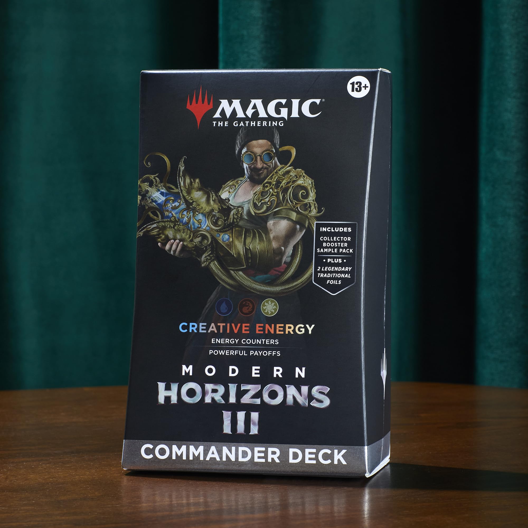 Magic: The Gathering Creative Energy deck collector pack shows rare cards and foil options.