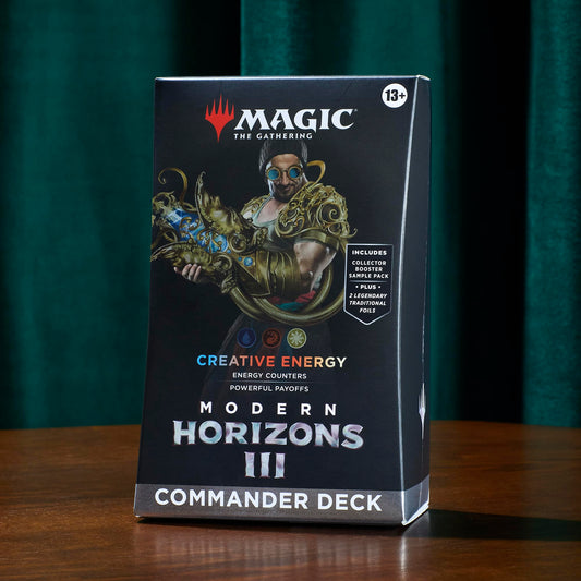 Magic: The Gathering Creative Energy deck collector pack shows rare cards and foil options.