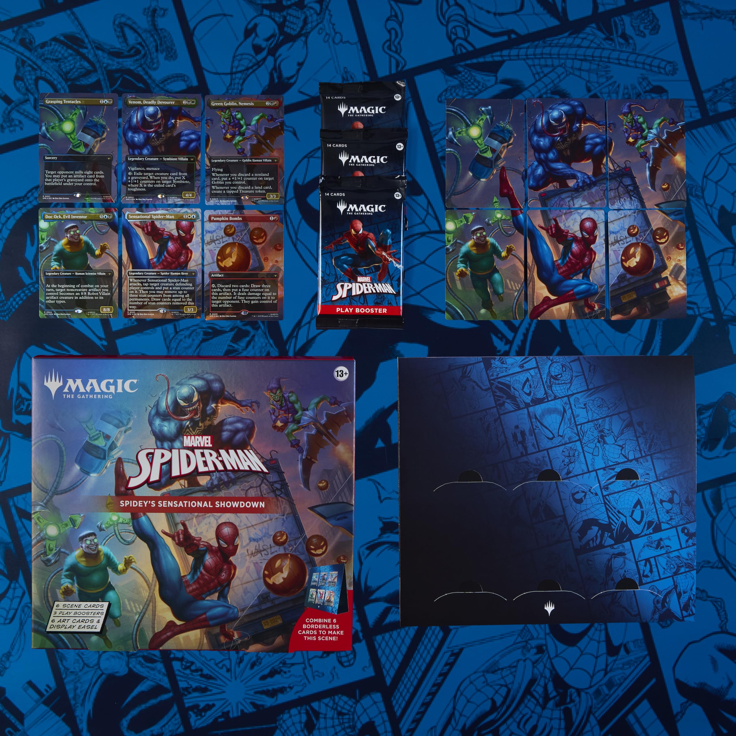 Magic: The Gathering Spider-Man display easel showcasing favorite scene cards