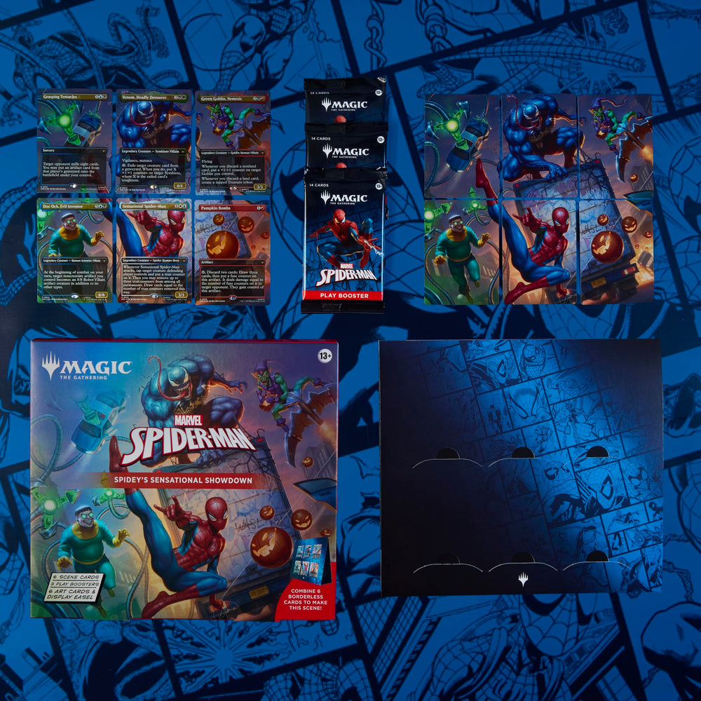 Magic: The Gathering Spider-Man display easel showcasing favorite scene cards