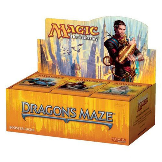 Magic: The Gathering Dragon's Maze packs on display for 36-sealed boosters and gameplay.