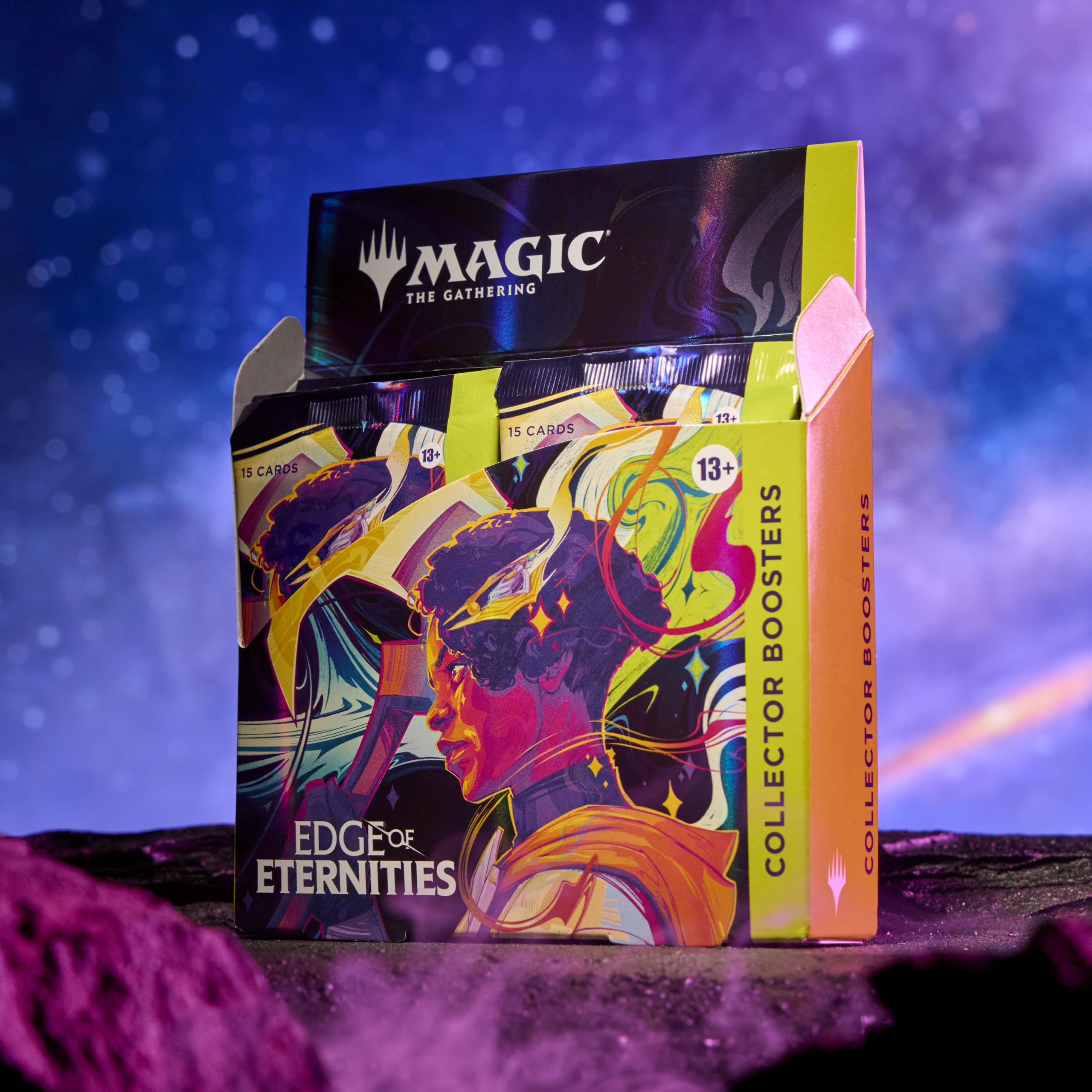 Magic: The Gathering Edge of Eternities boosters spread showcases 12 collector packs.