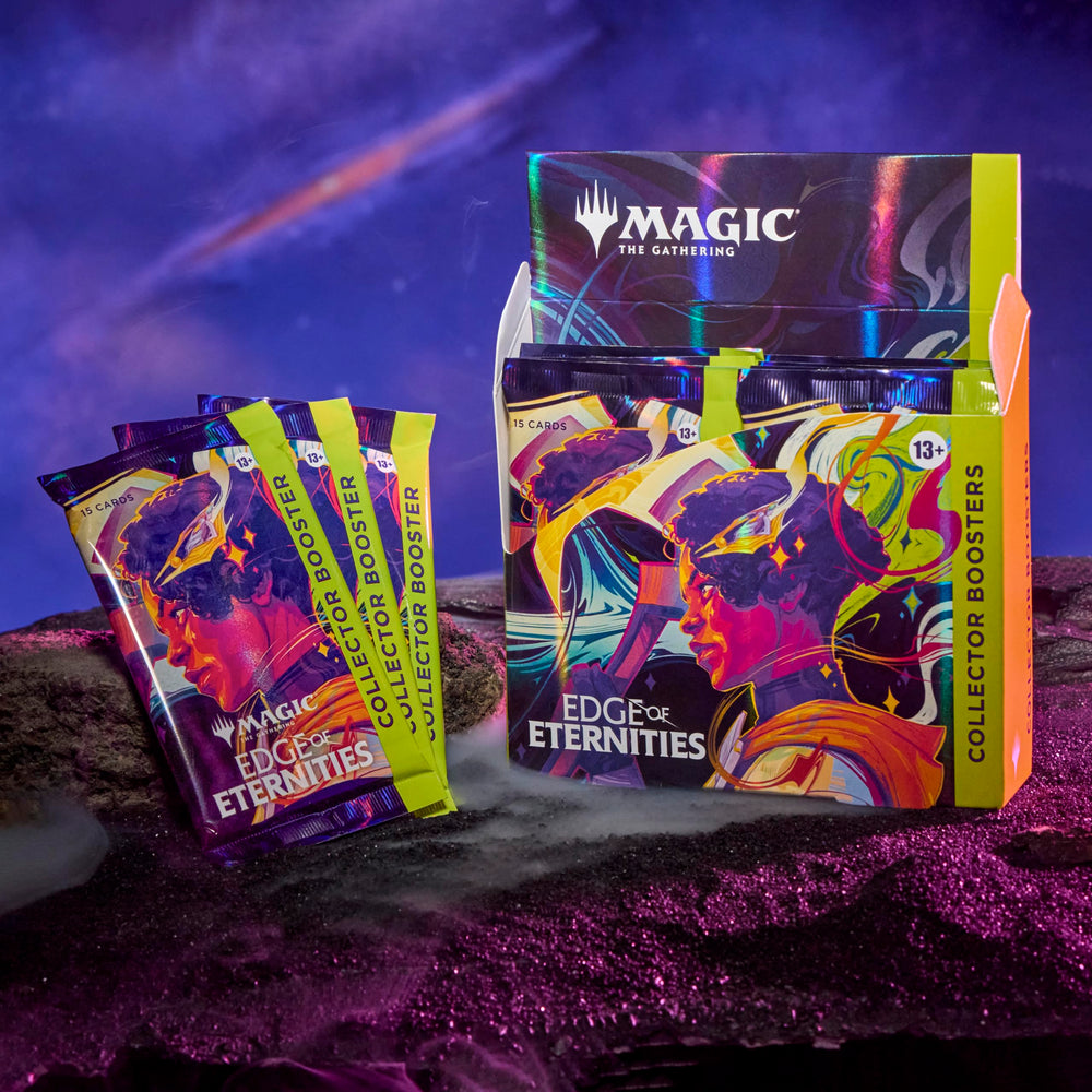 Magic: The Gathering Edge of Eternities pack contents with rarity and foil details.