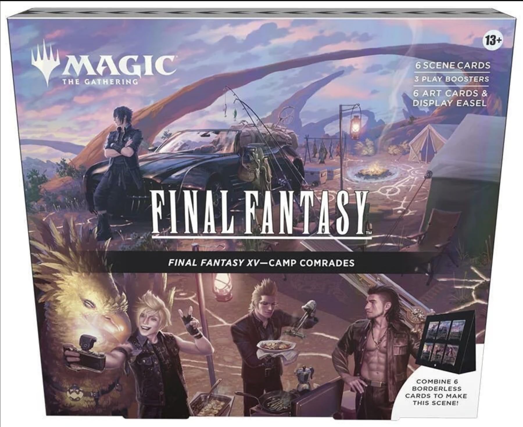 Magic: The Gathering Final Fantasy Scene Box Camp Comrades with borderless foil cards on display easel