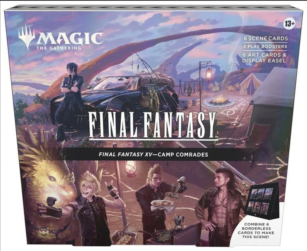 Magic: The Gathering Final Fantasy Scene Box Camp Comrades with borderless foil cards on display easel