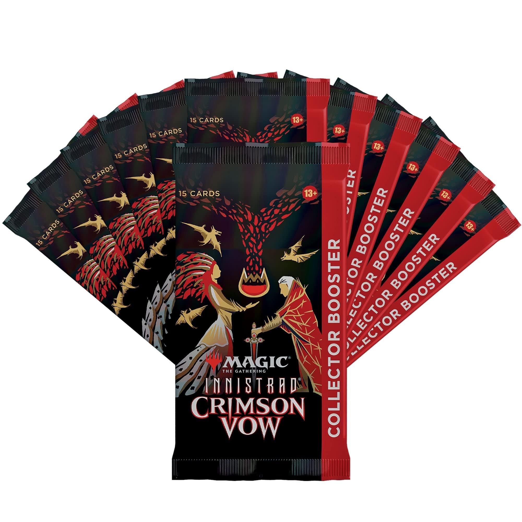 Magic: The Gathering Innistrad Crimson Vow 15-card booster packs deliver diverse rarities and visual variety.