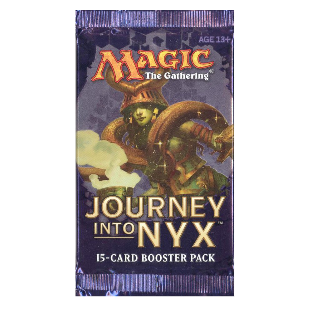 Magic the Gathering Journey into Nyx booster pack, exciting card draws for collectors and players.