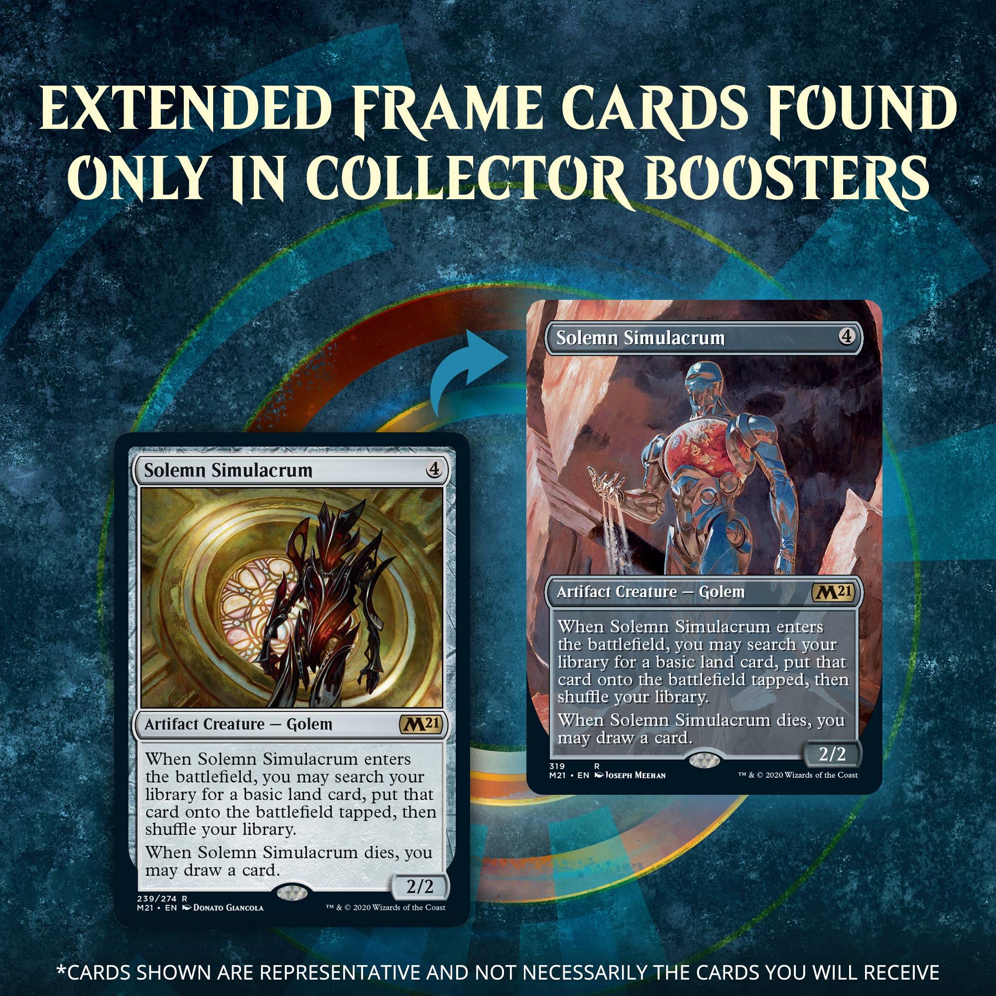 Magic: The Gathering M21 extended-art rares and mythics display vibrant artwork.