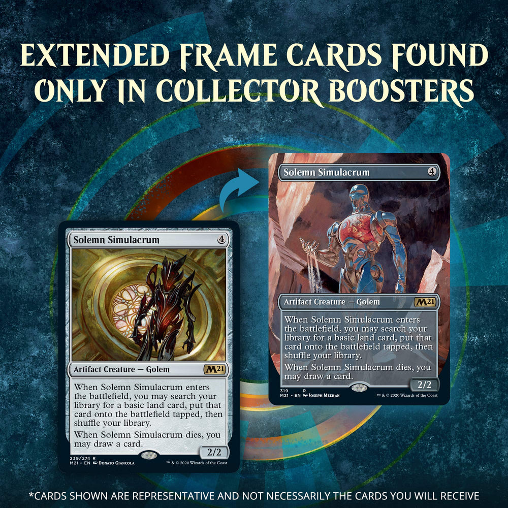 Magic: The Gathering M21 extended-art rares and mythics display vibrant artwork.