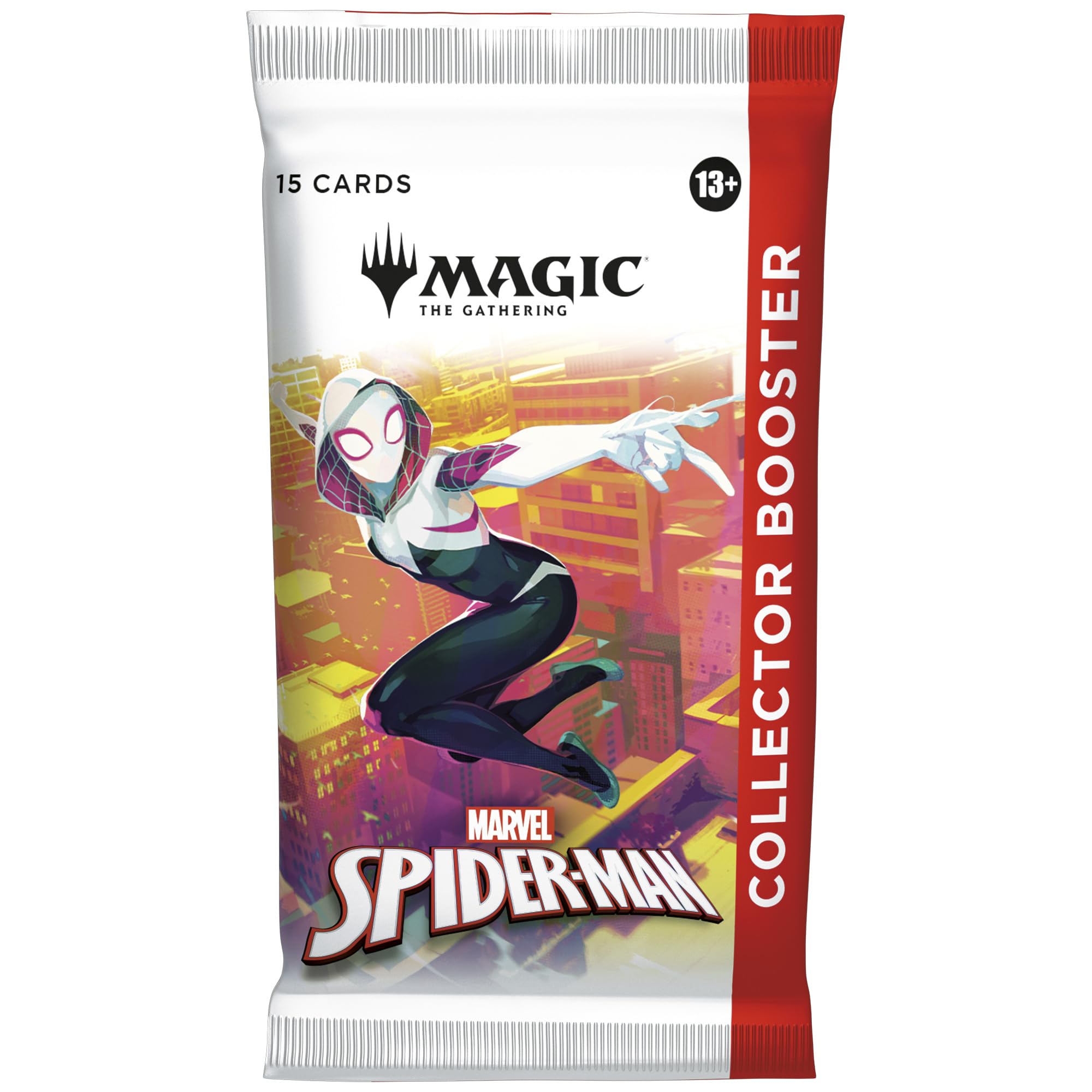 Magic: The Gathering Marvel Spider-Man Collector Booster pack front view highlights exclusive cards and foils.