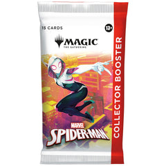 Magic: The Gathering Marvel Spider-Man Collector Booster pack front view highlights exclusive cards and foils.