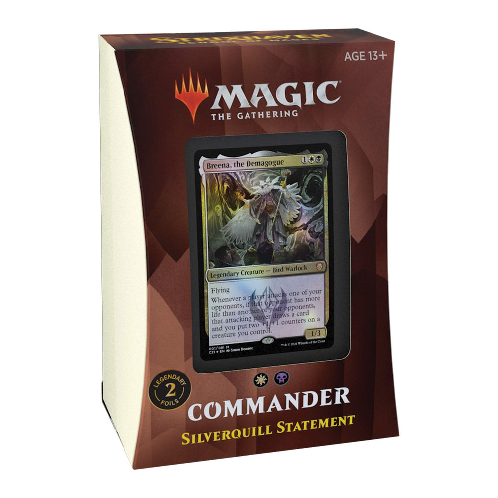 Magic: The Gathering Silverquill Statement deck components close-up, showing tokens and life tracker for ready-to-play setup.