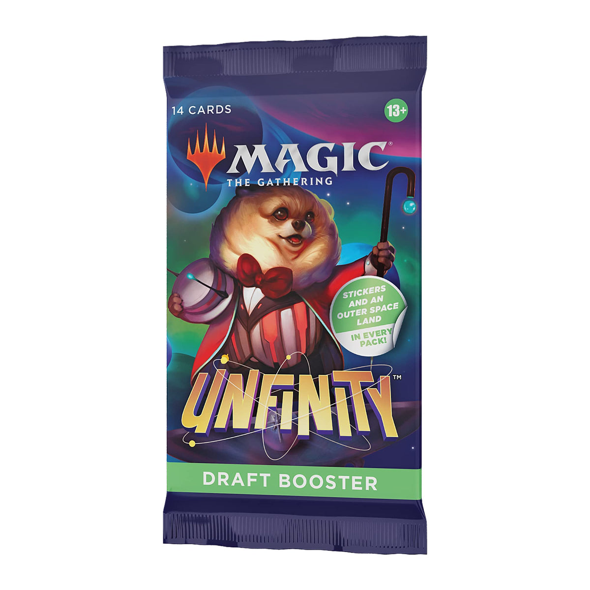 Magic: The Gathering UNF Unfinity Draft Booster pack front shows vibrant space-themed artwork.