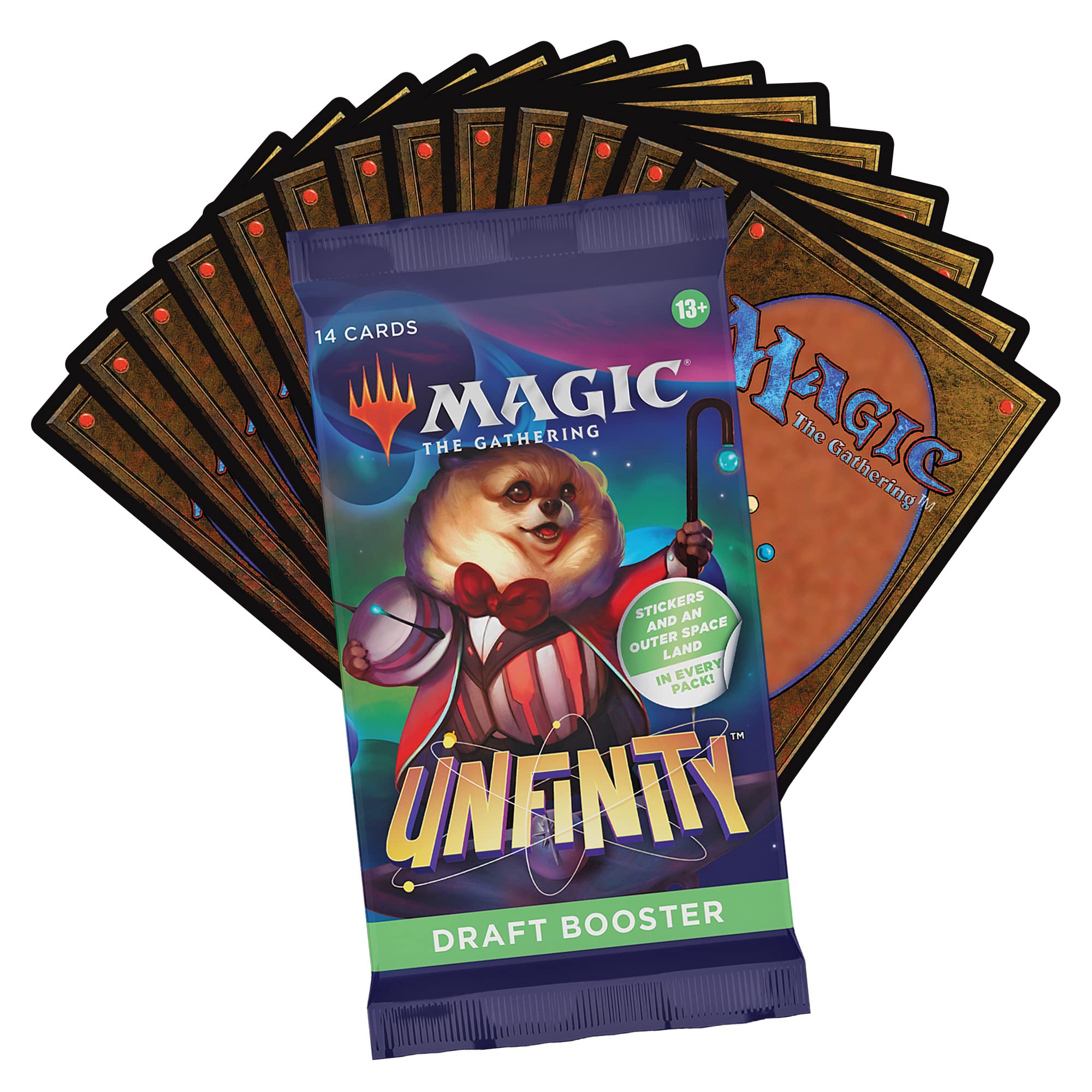Magic: The Gathering UNF Unfinity draft booster includes a rare or mythic rare card.