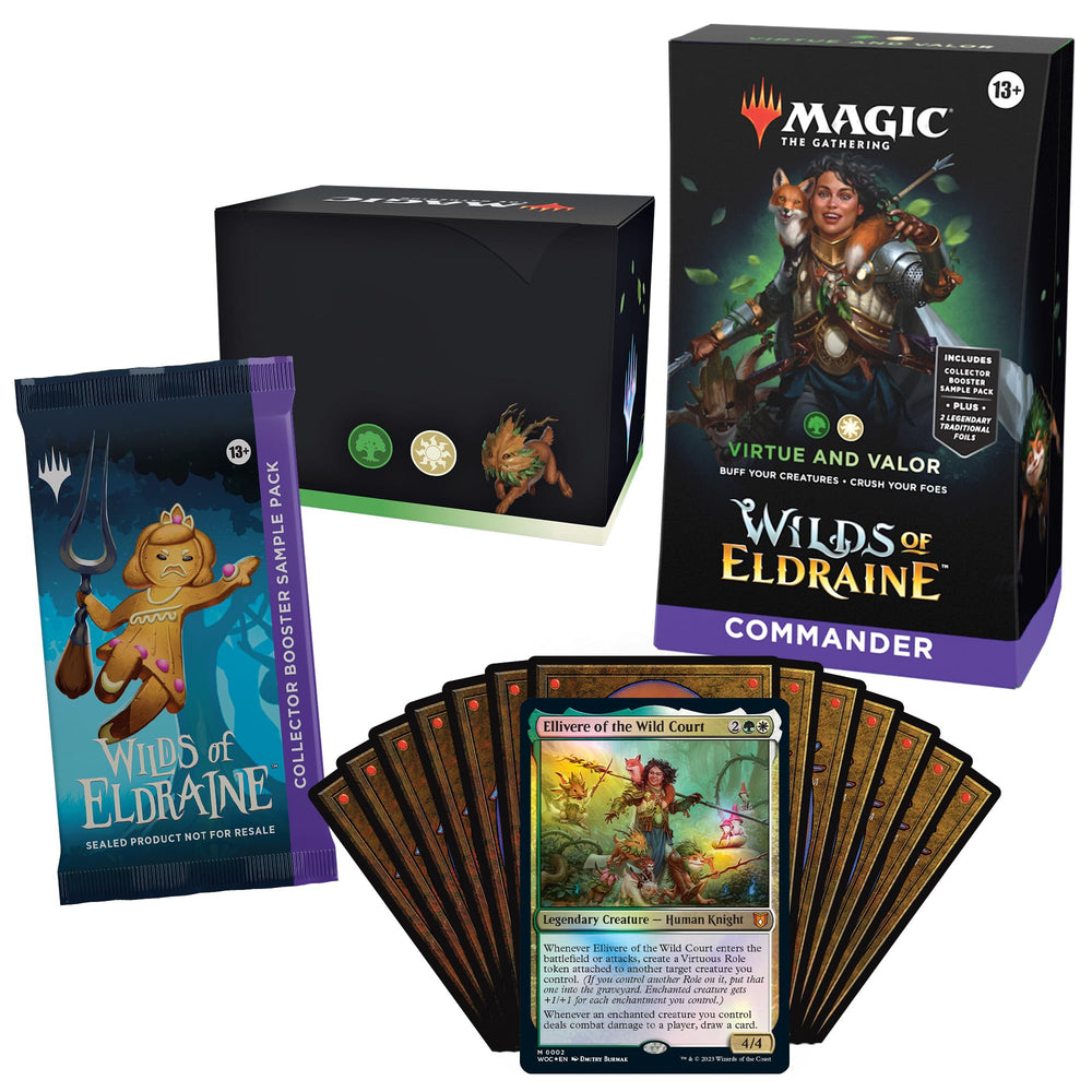 Magic: The Gathering Virtue and Valor collector booster sample pack highlights Rare or foil cards.