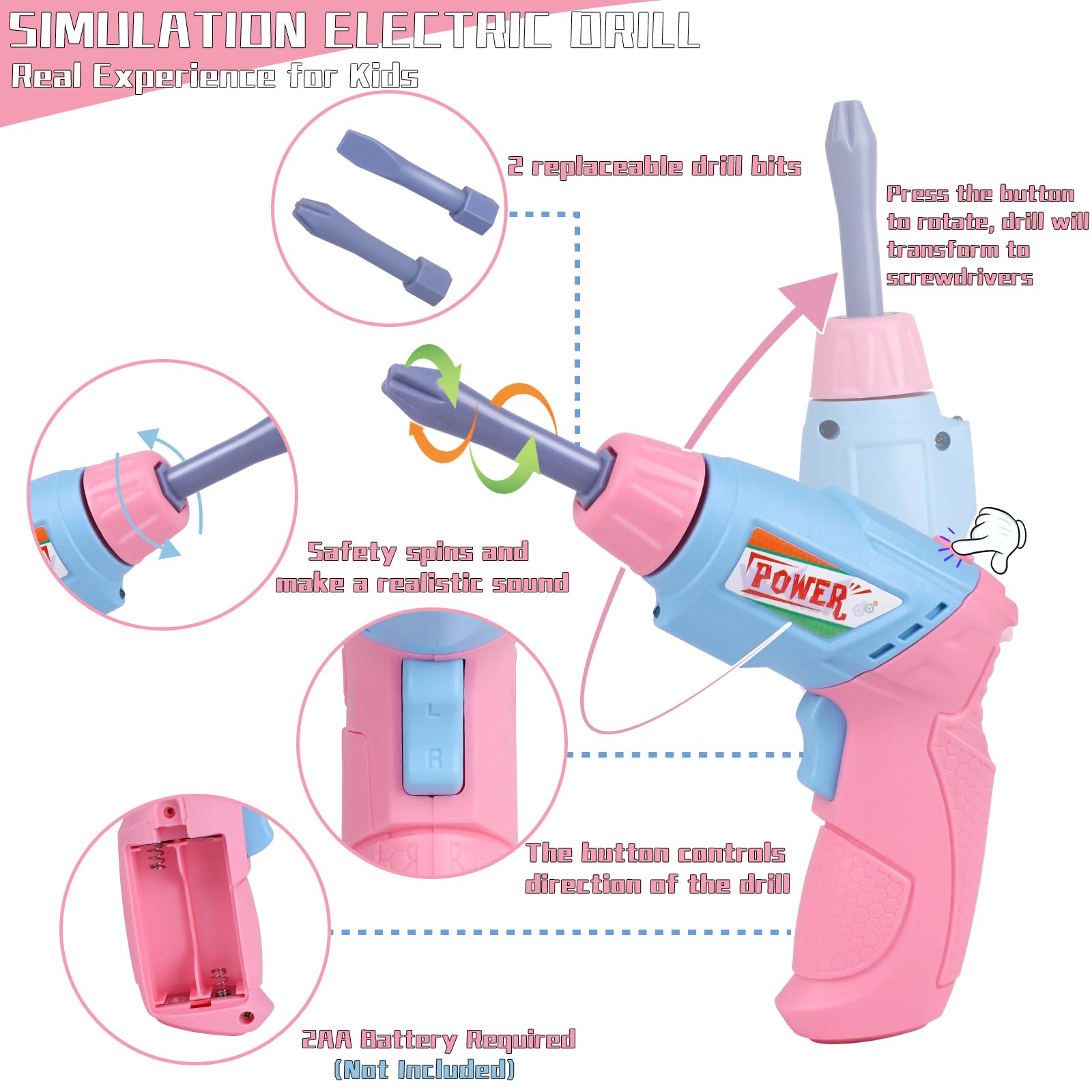 Magic4U electric drill with rotating bits for authentic pretend use