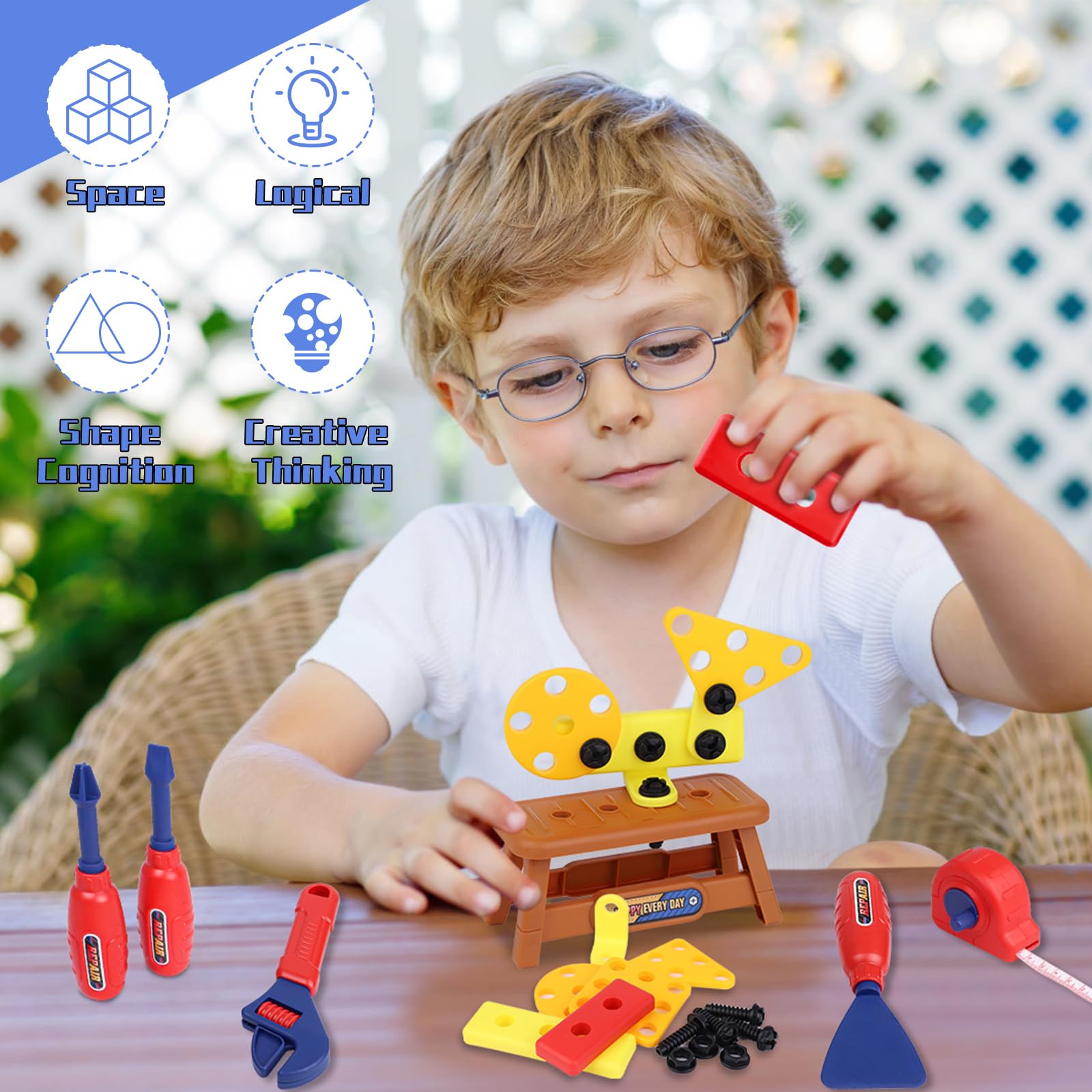 Magic4U Kids Tool Set tape measure helps measure pretend projects accurately.