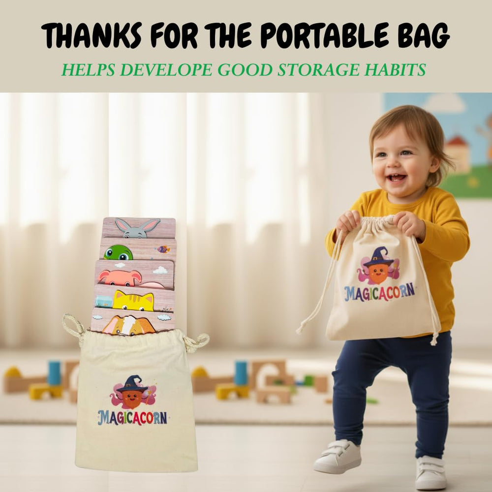MAGICACORN puzzle set with storage bag for quick cleanup after play