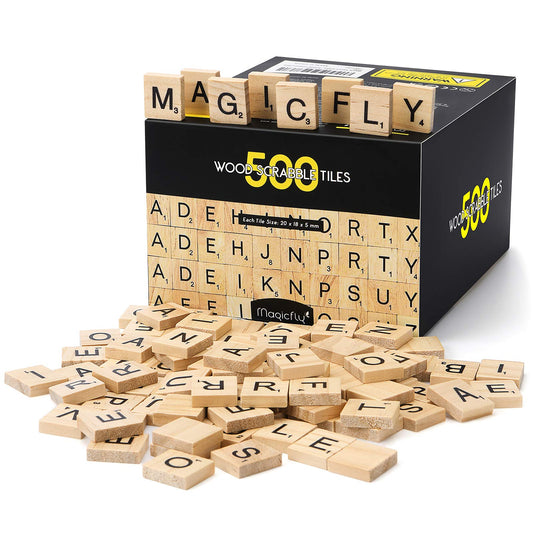 Magicfly wooden Scrabble tiles showing A–Z for crafts and spelling.
