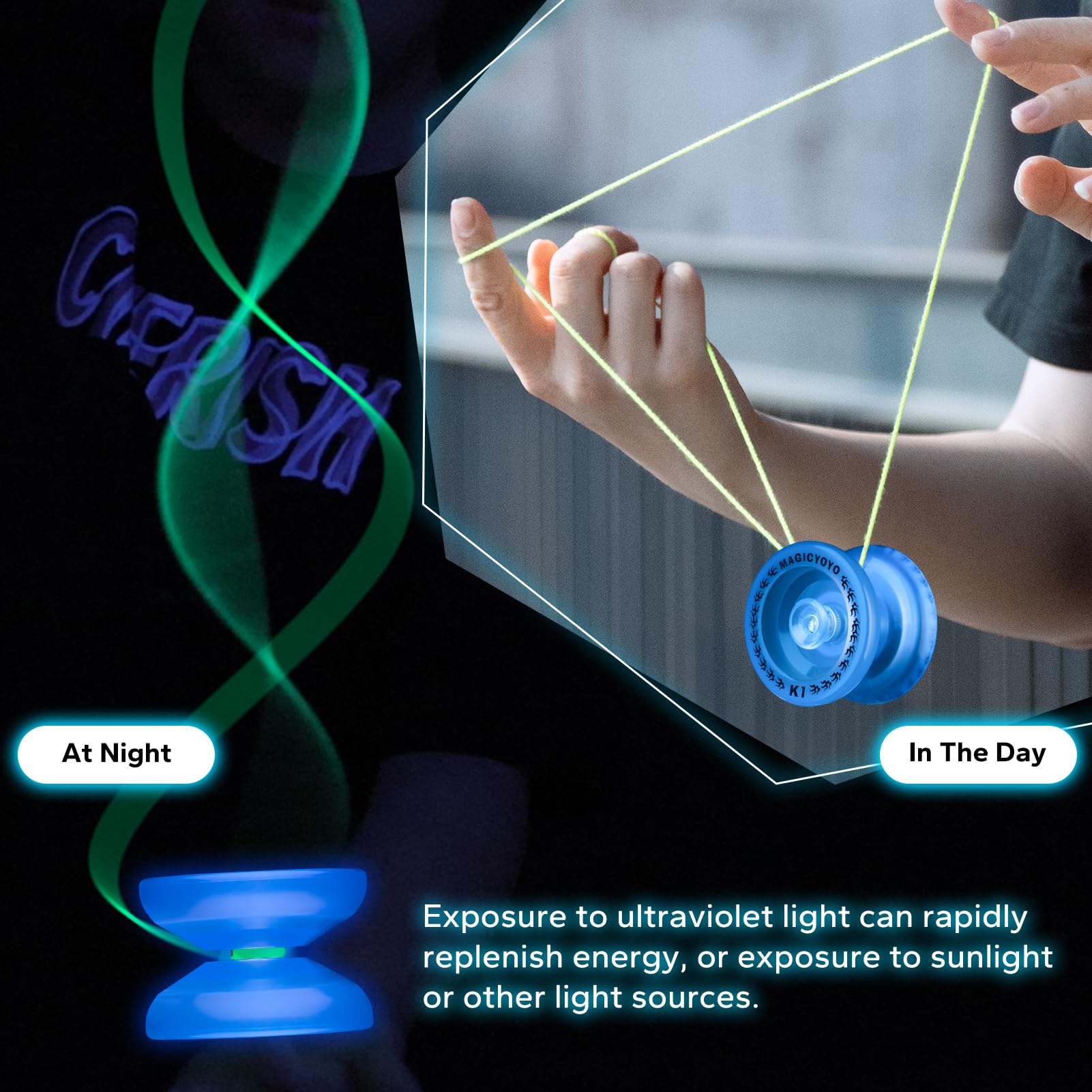 MAGICYOYO K1 glow-in-the-dark yoyo angled view, showing precise finger spins.