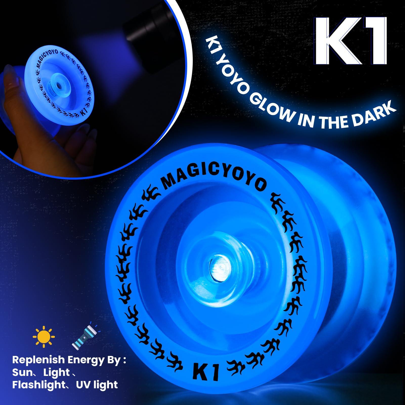 MAGICYOYO K1 glow-in-the-dark yoyo in bag, portable night play kit.