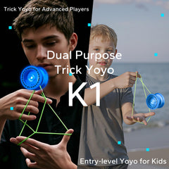 MAGICYOYO K1 glow-in-the-dark yoyo in use, kid-friendly dusk practice.