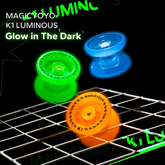MAGICYOYO K1 glow-in-the-dark yoyo side view, smooth spin in low light.