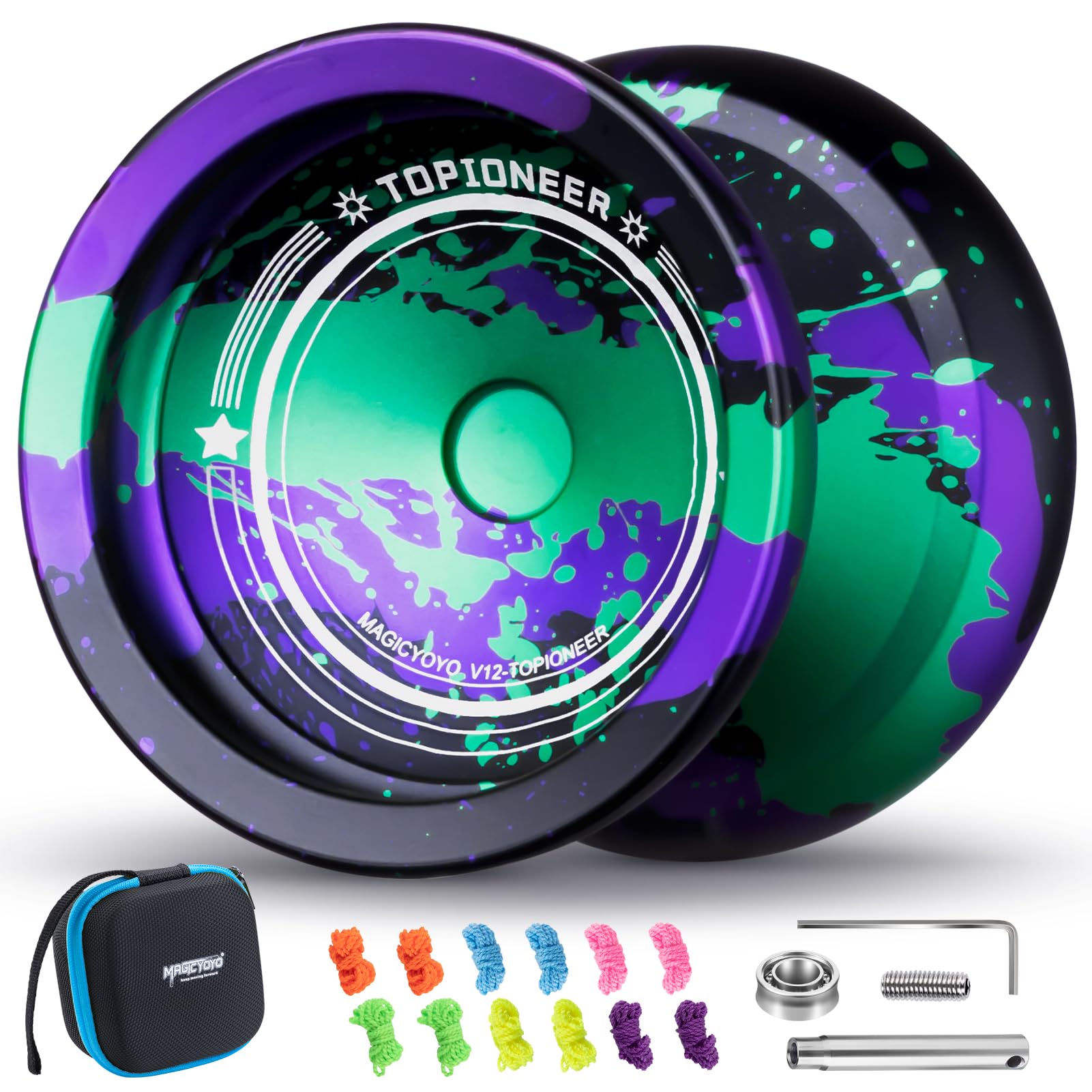 MAGICYOYO V12 front view showing black-green-purple finish for eye-catching play