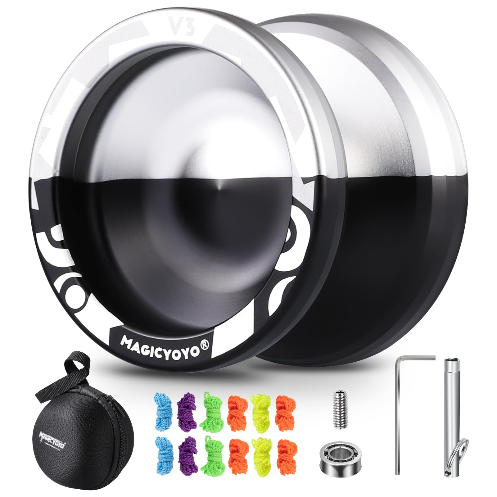 MagicYOYO V3 front view in black-silver finish emphasizing stable spins.