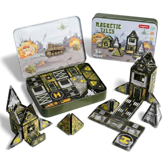 Maginoo 42PCS camouflage tiles building an army base, inspiring STEM play.