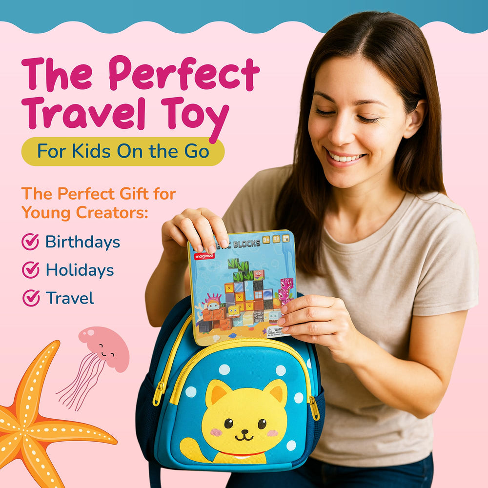 Maginoo 49pcs mini magnetic blocks ocean travel iron box, safe storage and easy transport for families