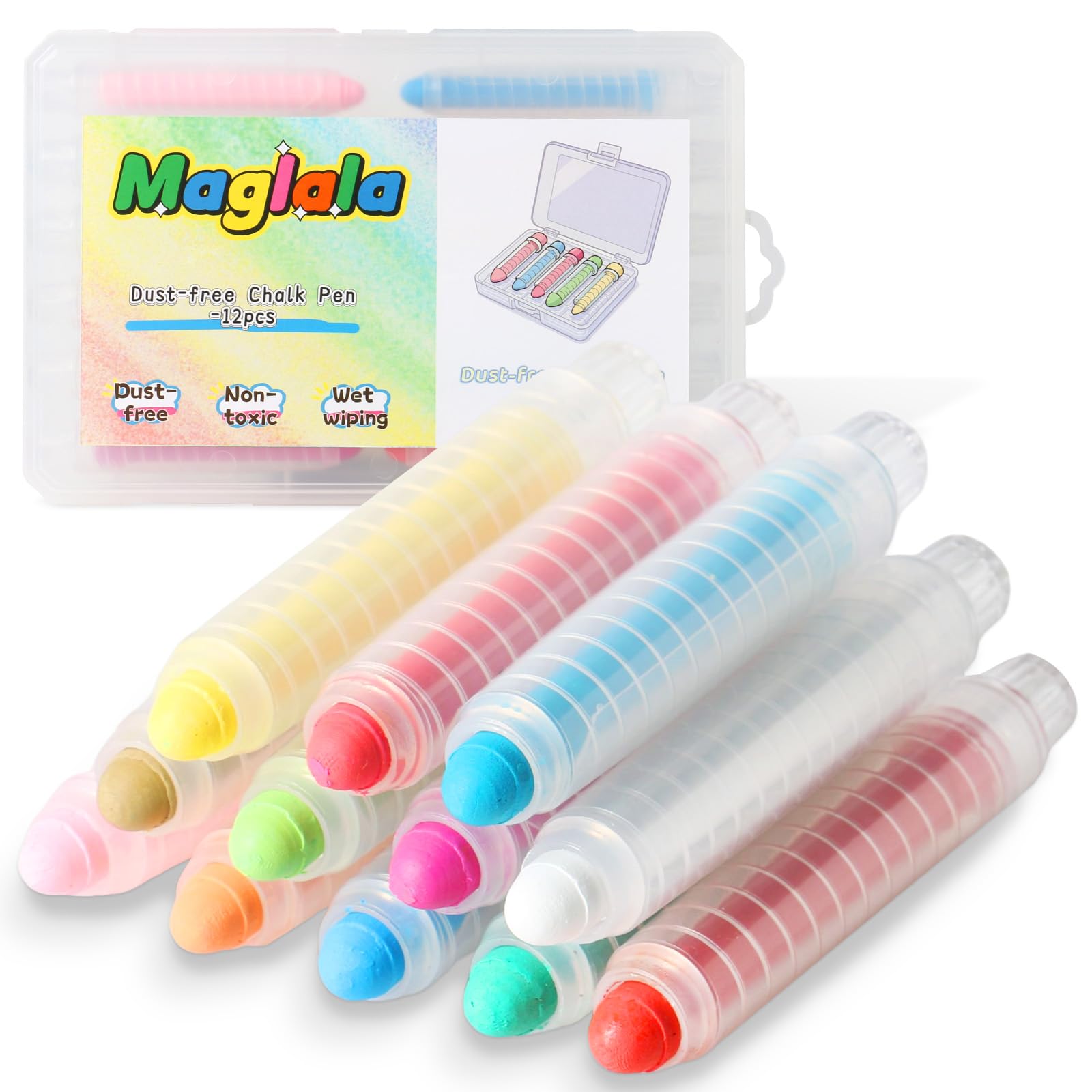 Maglala dustless chalk pens close-up showing vibrant colors for mess-free art.