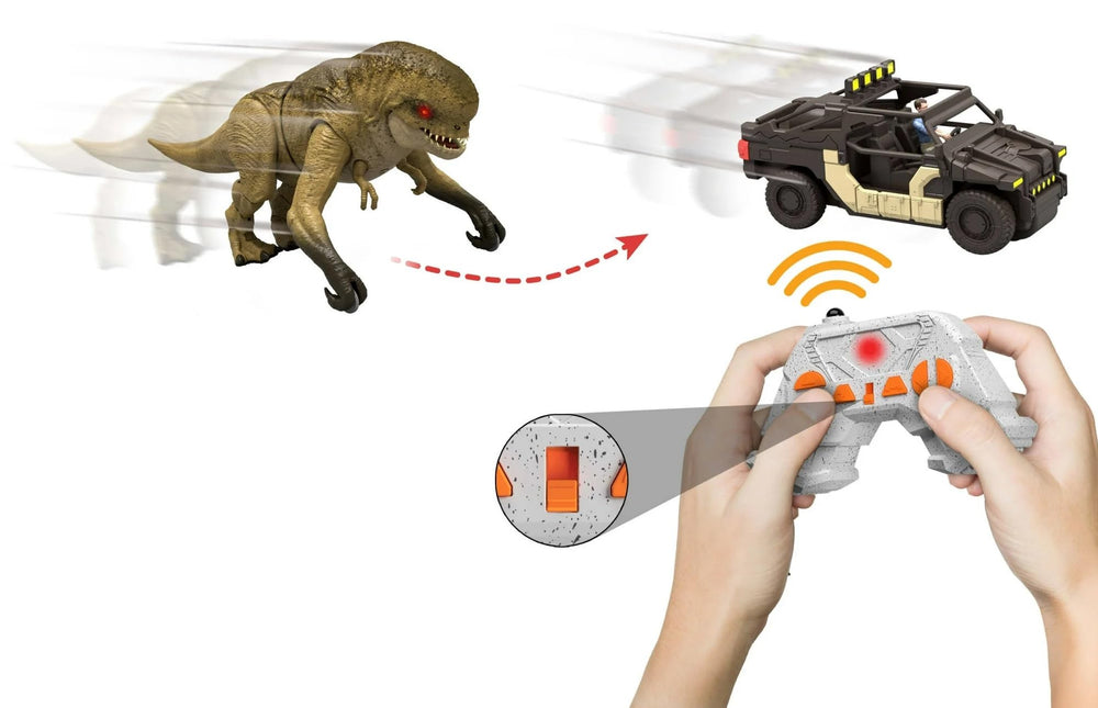 MAGNETOE Jurassic Rebirth chase play shows dinosaur versus vehicle.