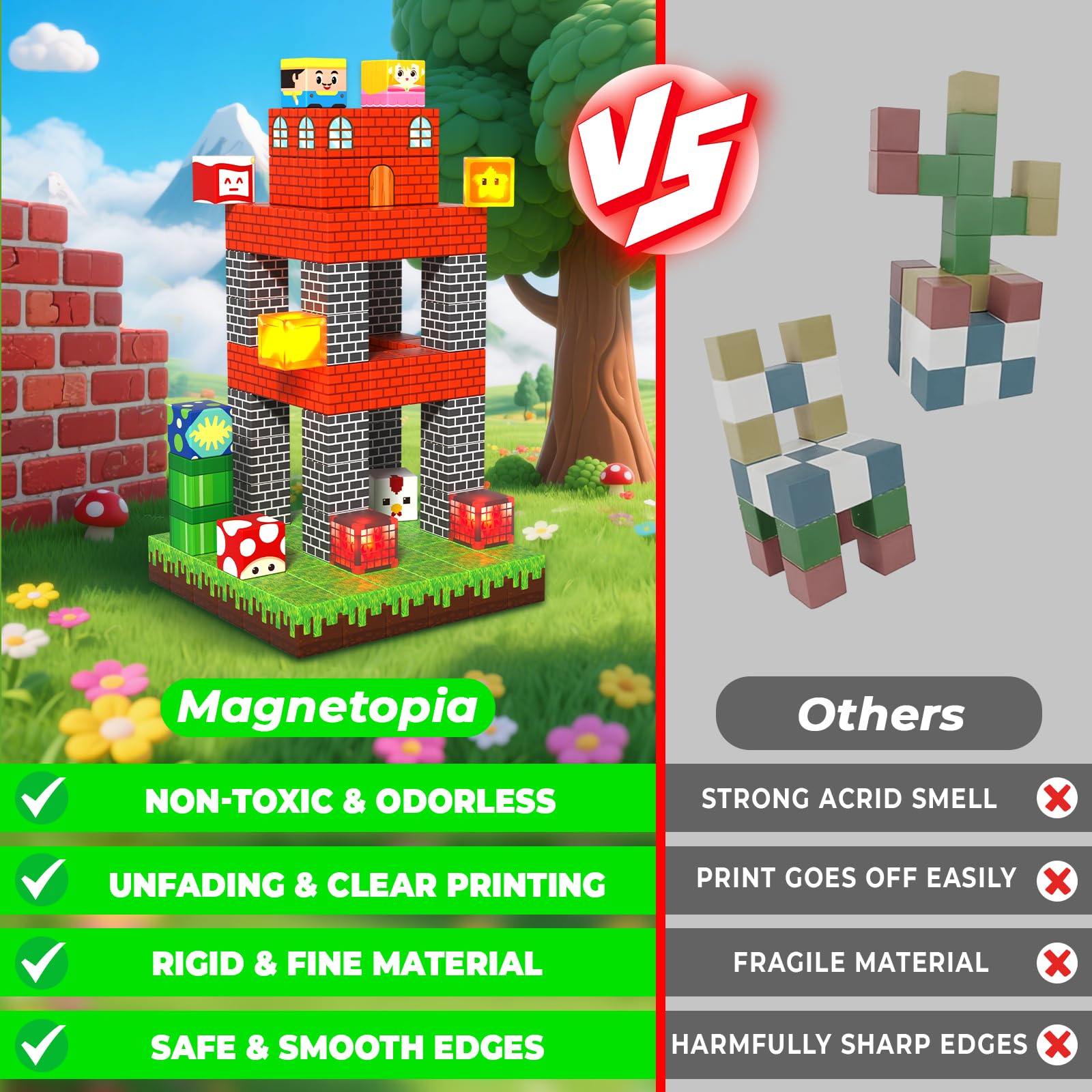 Magnetopia colorful magnetic blocks close-up highlight bright textures and patterns.