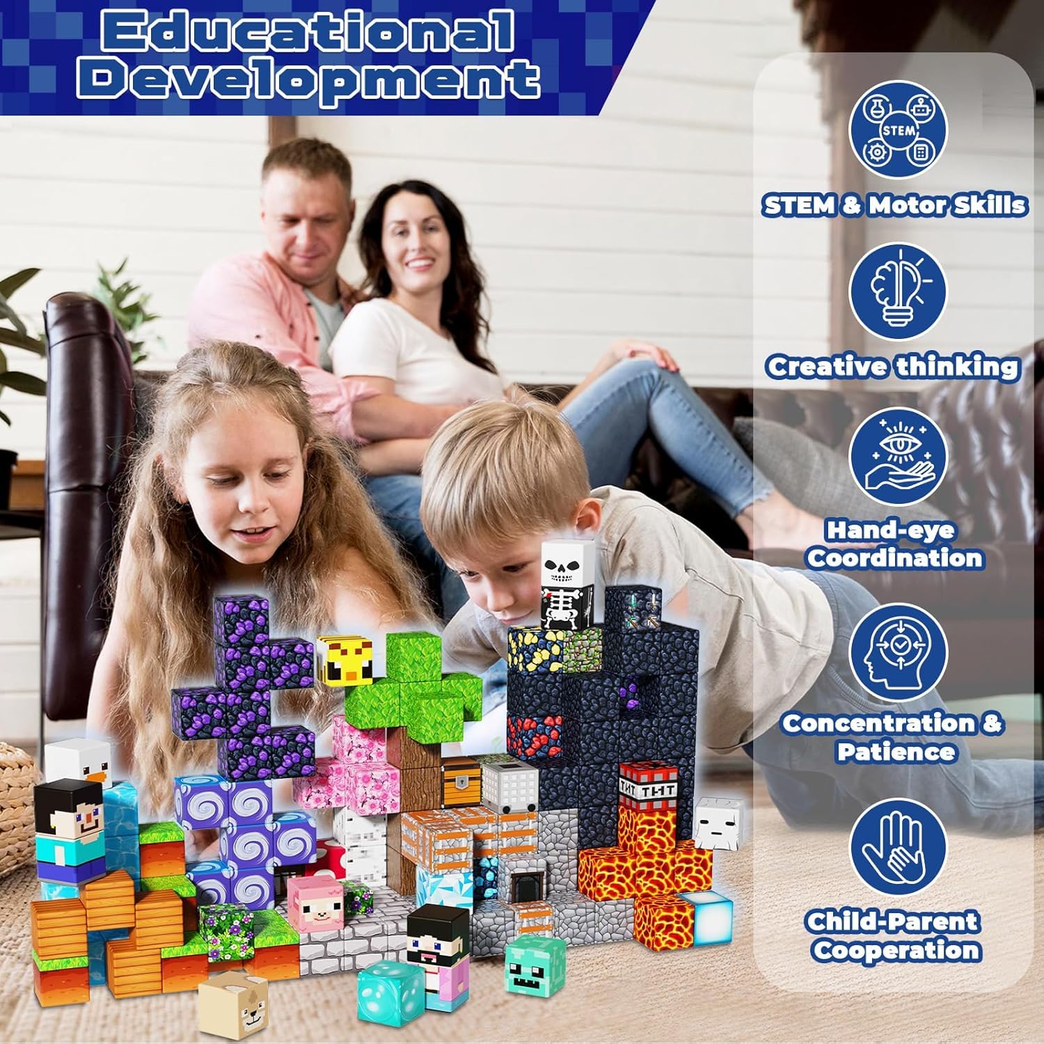 Magnetopia blocks support family play and cooperative learning sessions.