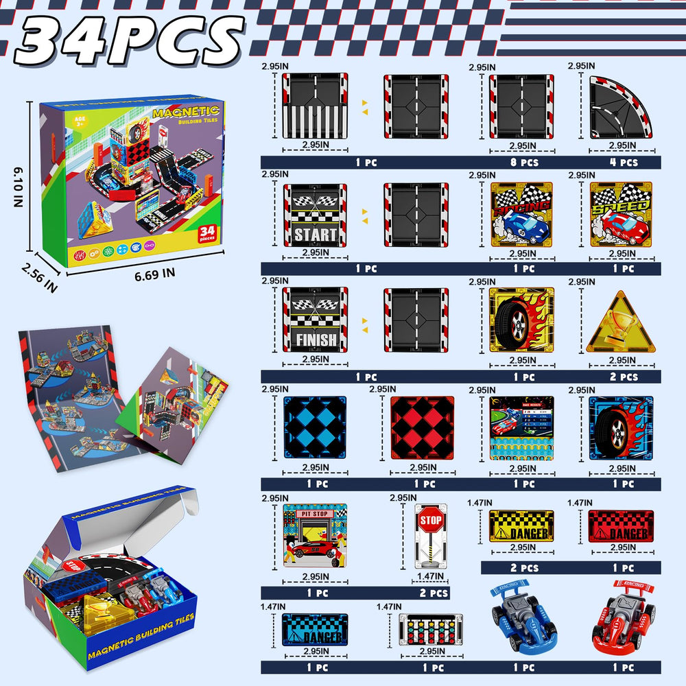 Magnetopia Magnetic Tiles Road Set colors and tiles highlight vibrant pieces that engage fine motor skills.