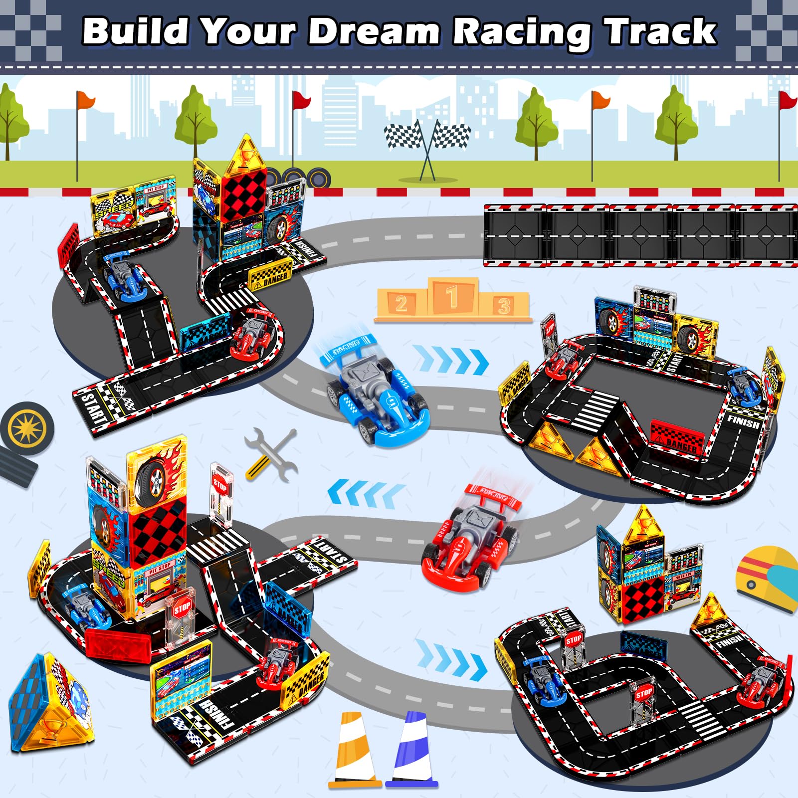 Magnetopia Magnetic Tiles Road Set curved bridge example for expanding race layouts.