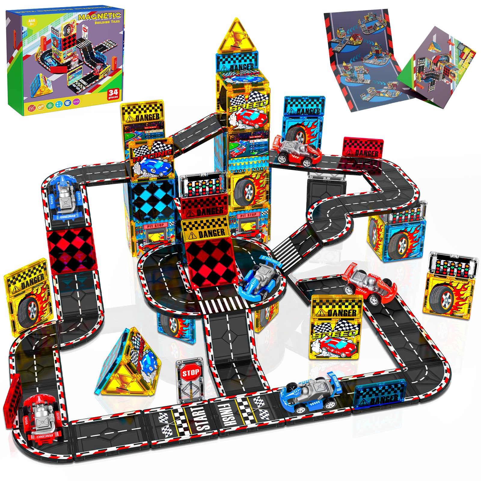 Magnetopia Magnetic Tiles Road Set front view shows a colorful race track ready for play.