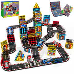 Magnetopia Magnetic Tiles Road Set front view shows a colorful race track ready for play.