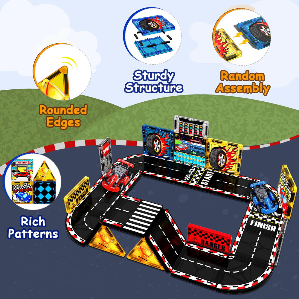 Magnetopia Magnetic Tiles Road Set track assembly demonstrates planning and magnetic connections in action.