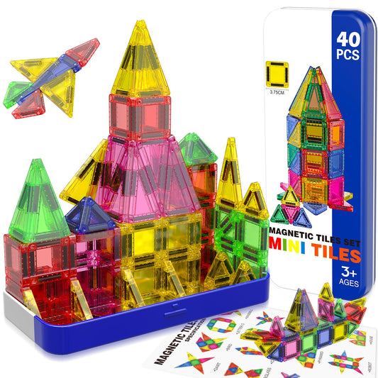 Magnetopia Mini Tiles with iron box open for on-the-go creative play.