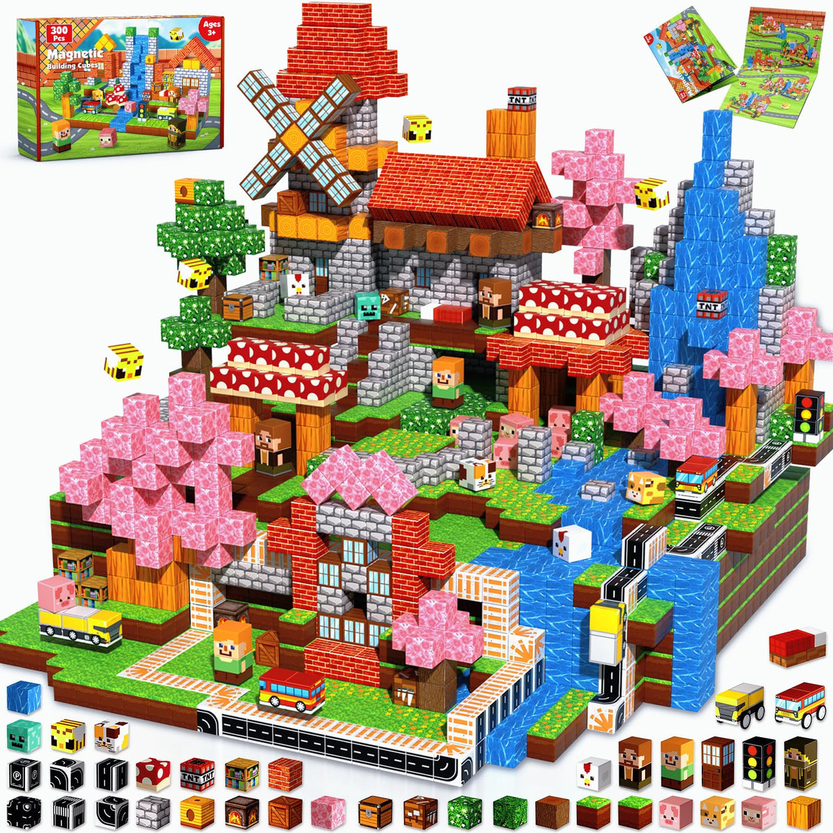 Magneverse 300-piece blocks with cherry blossom shapes for imaginative play and spatial skills