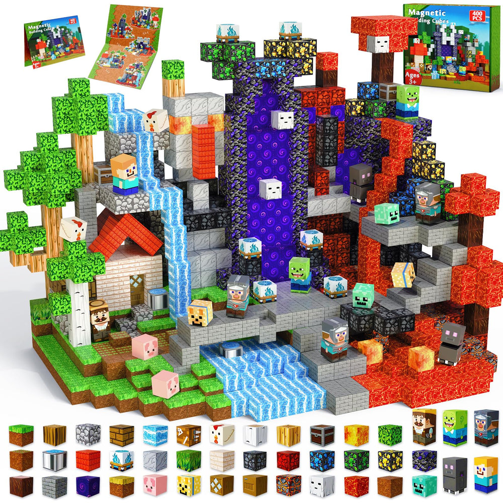 Magneverse 400 PCS magnetic blocks assemble into a cozy cabin scene for imaginative play.