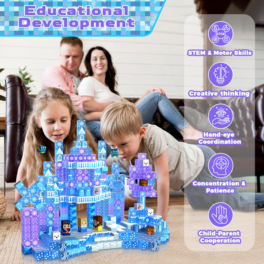 Magneverse snow-theme play encourages cooperative building sessions.