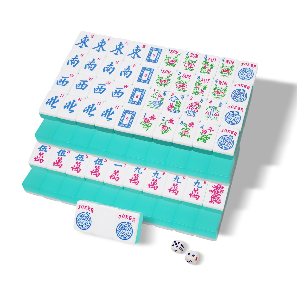 Mahjoy Mahjong Tile Set turquoise close-up highlighting bright, readable engravings.